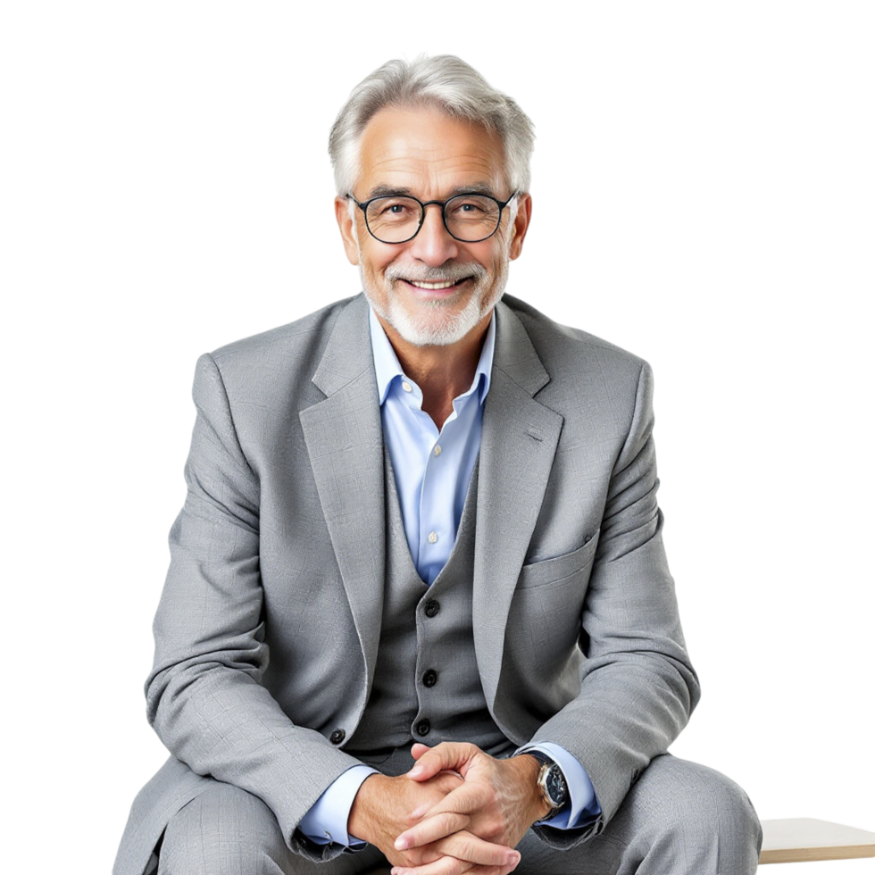 A man in a suit and glasses sitting on a chair png