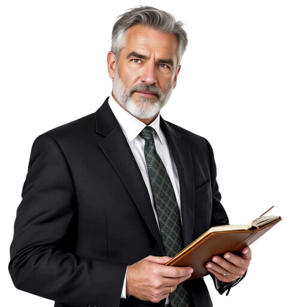 A man in a suit holding a book png