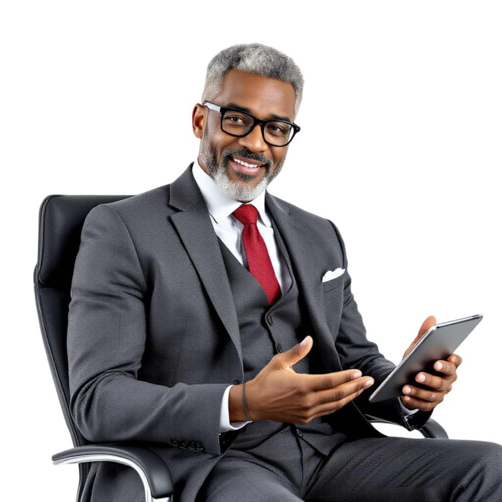 A man in a suit and tie sitting on a chair with a tablet png