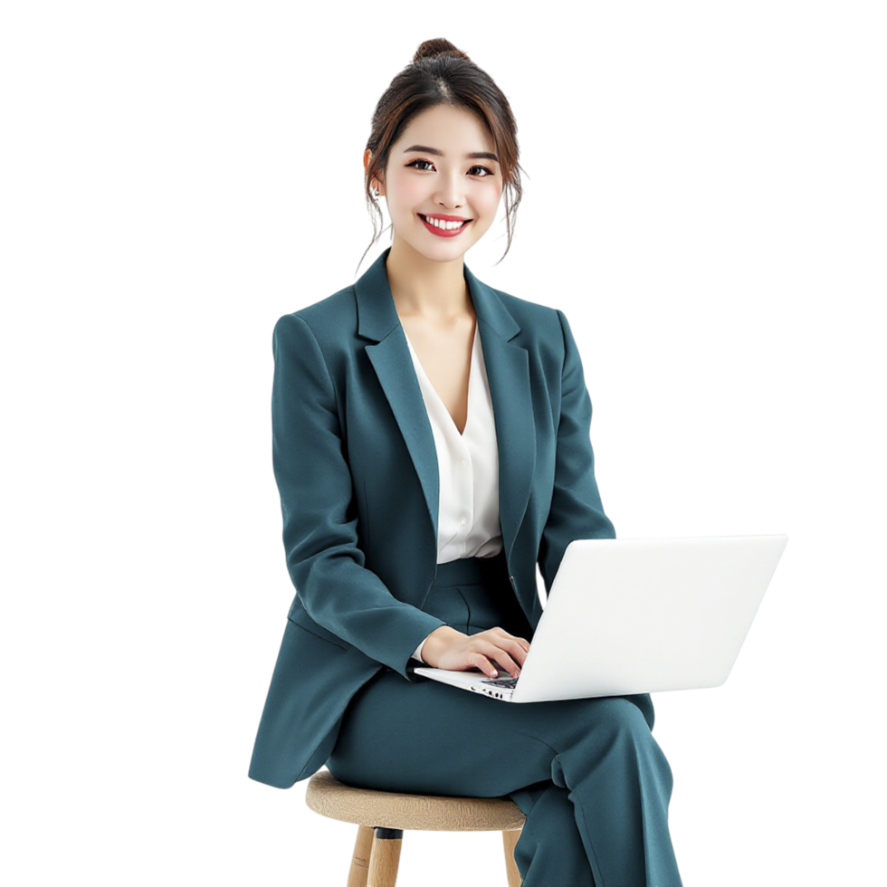 Asian business woman sitting on stool with laptop png