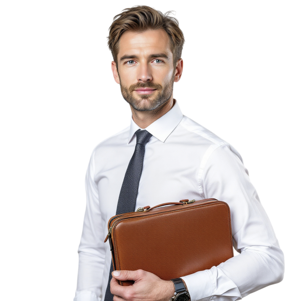 A man in a white shirt and tie holding a briefcase png