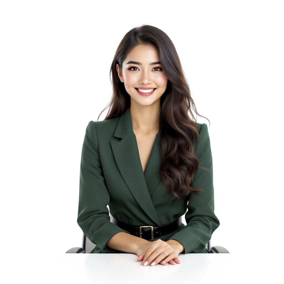 A woman in a green suit sitting at a desk png