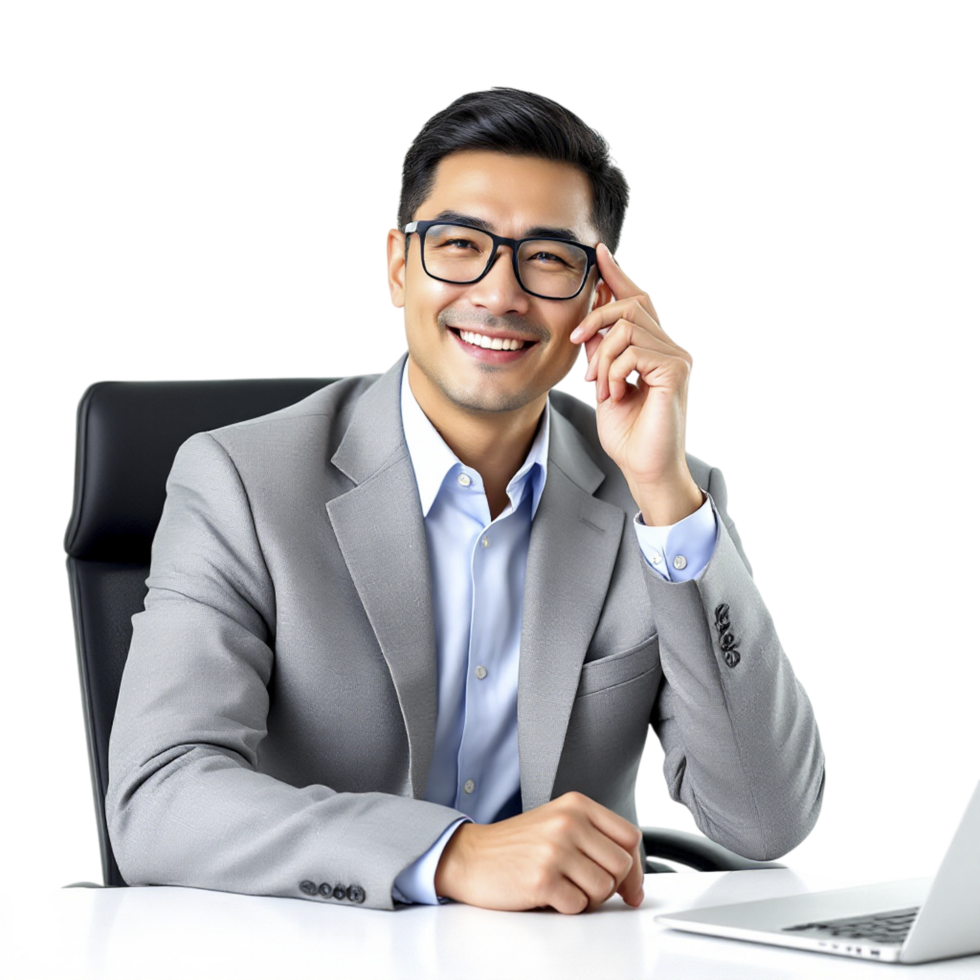 A man in a suit and glasses sitting at a desk with a laptop png