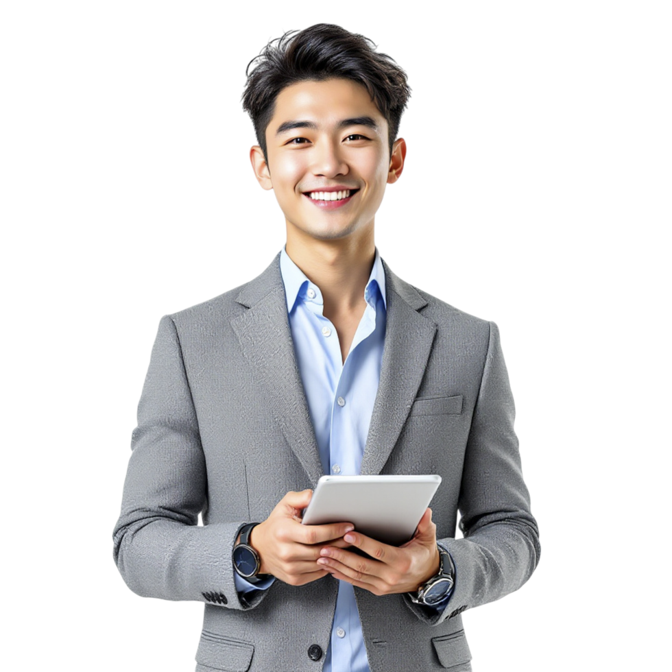 Asian businessman holding tablet computer png