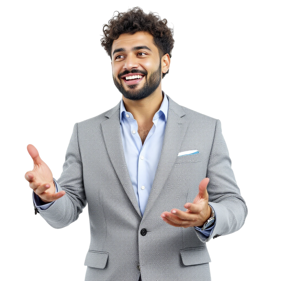 A man in a suit is gesturing with his hands png