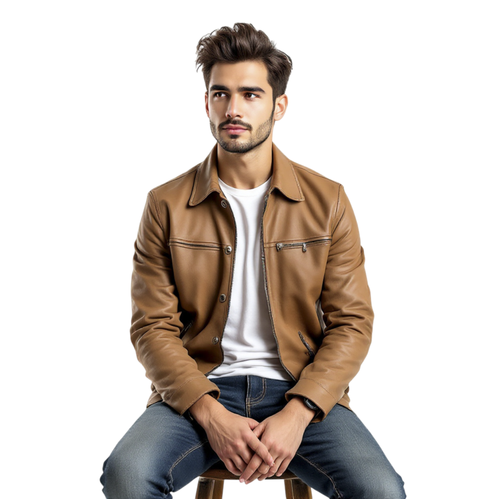 A man in a tan jacket sitting on a chair png