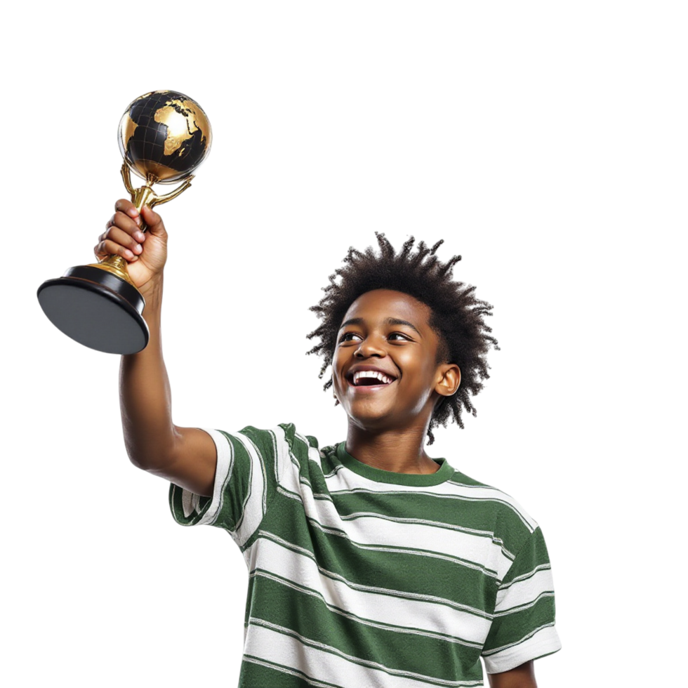 A young boy holding up a trophy png