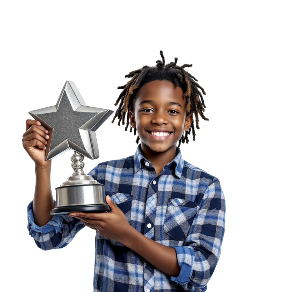 A young boy holding up a star award png