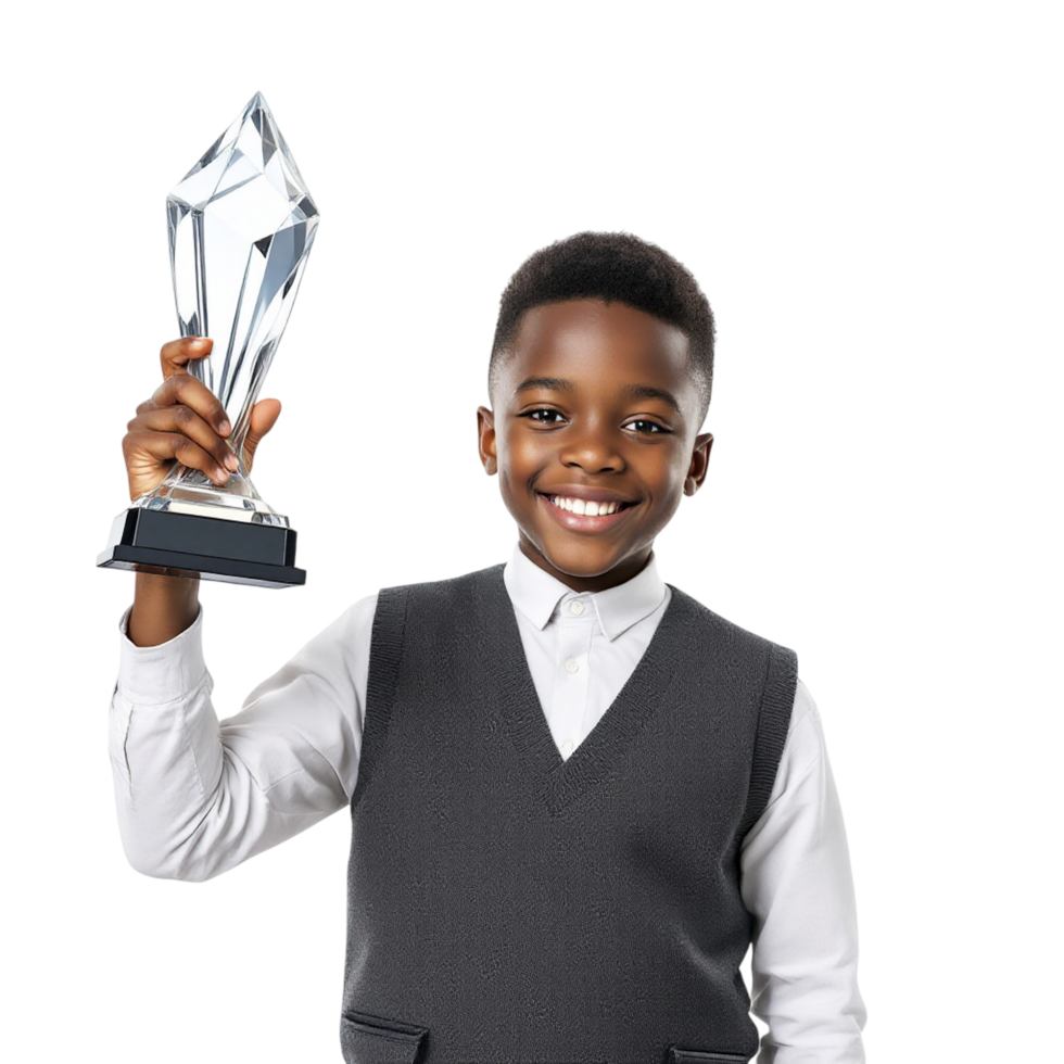 A young boy holding up a trophy png