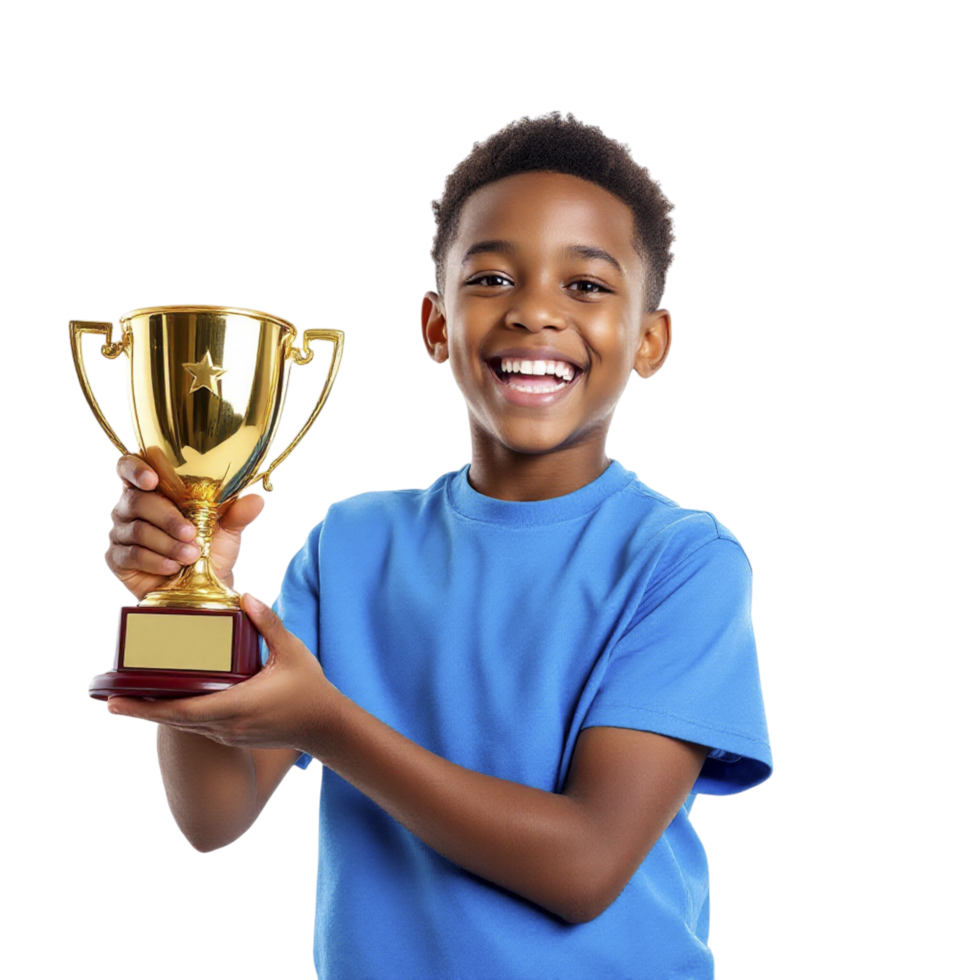 A young boy holding a trophy in front of a black background png
