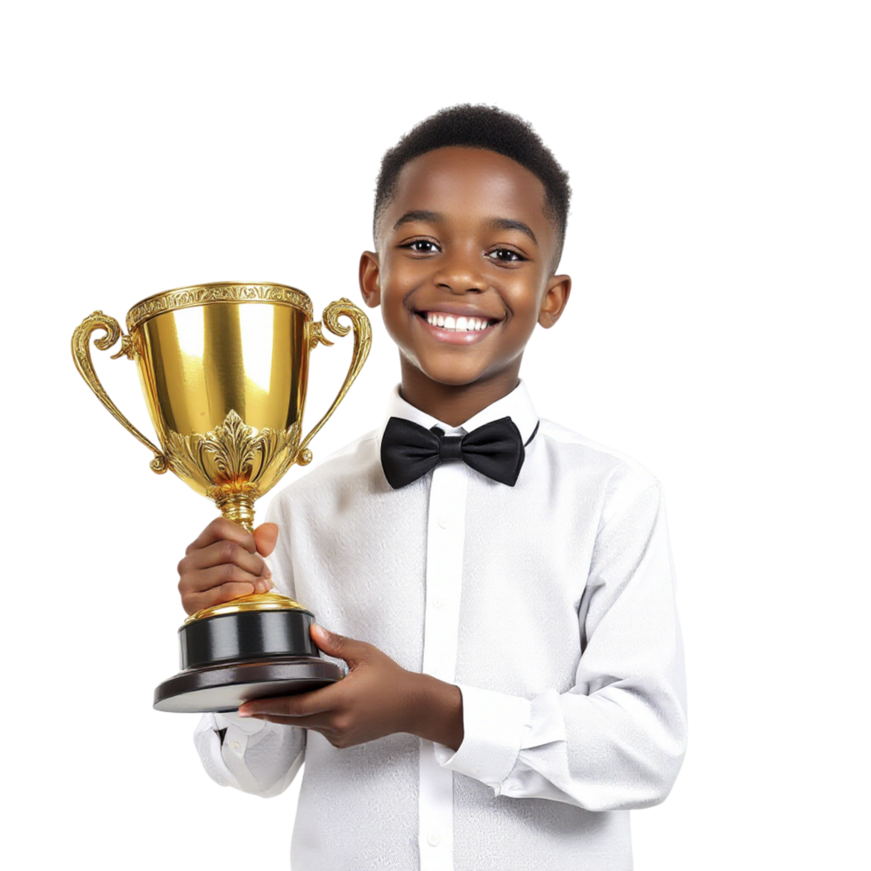 A young boy in a bow tie holding a trophy png