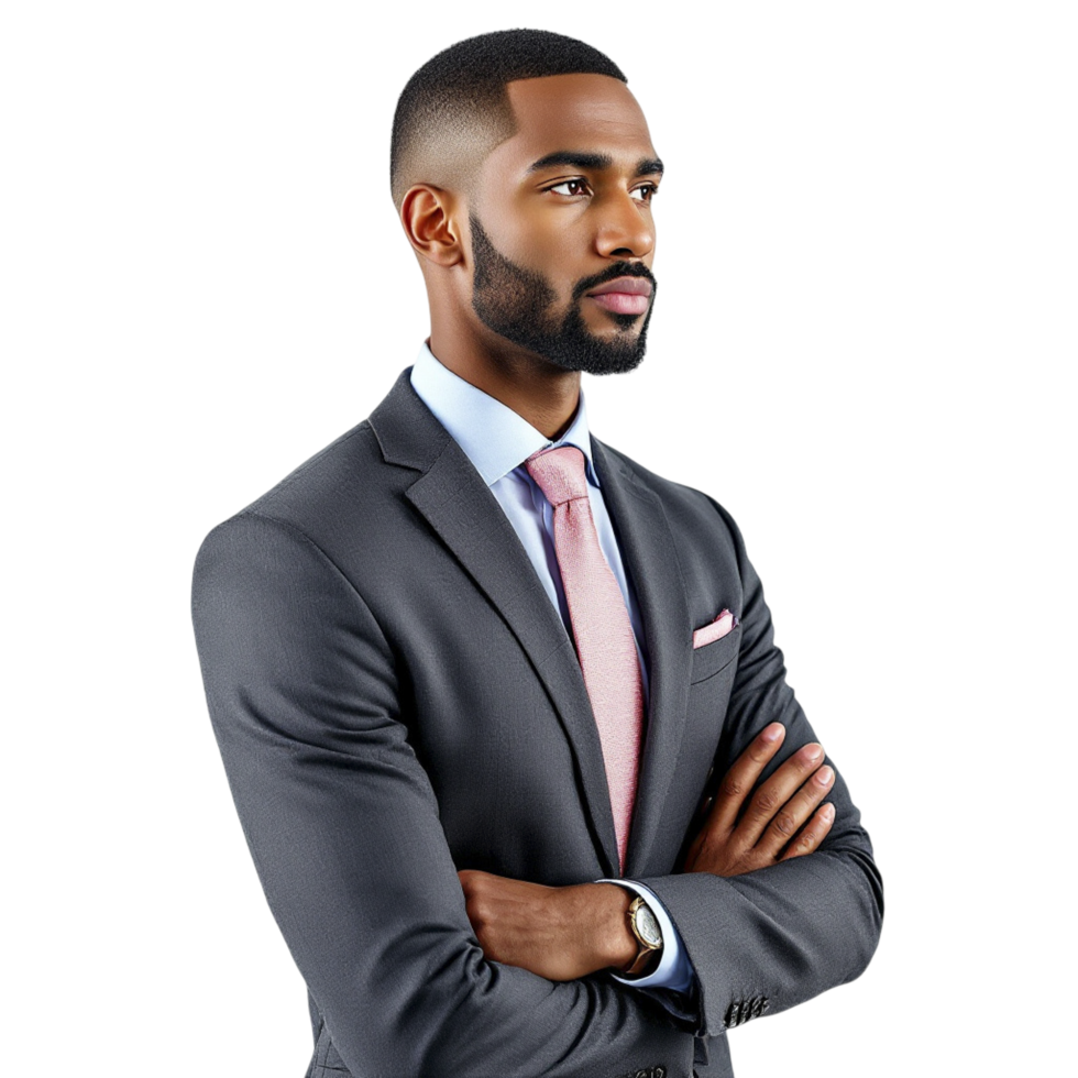 A man in a suit and tie standing with his arms crossed png