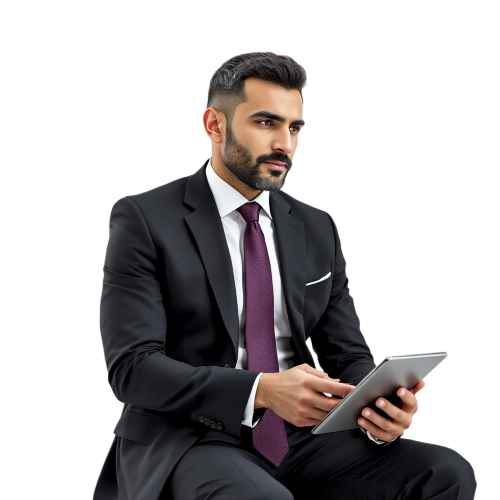 A man in a suit and tie sitting on a chair with a tablet png
