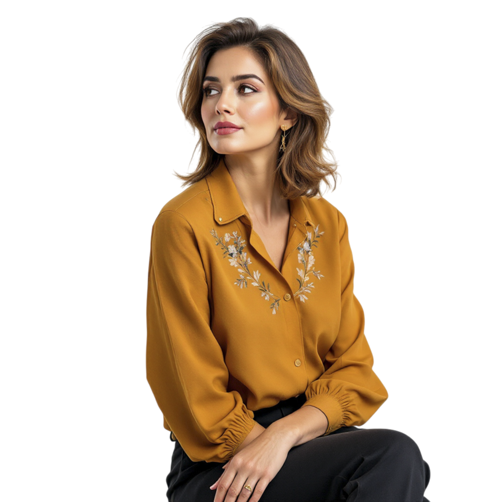 A woman in a mustard blouse and black pants png
