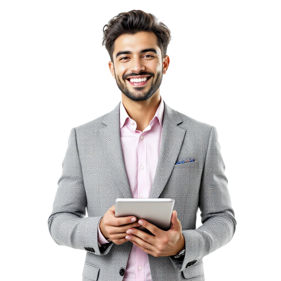 A man in a suit holding a tablet computer png