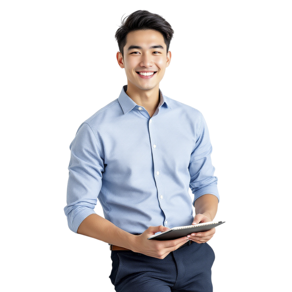A man in a blue shirt and pants is holding a tablet png