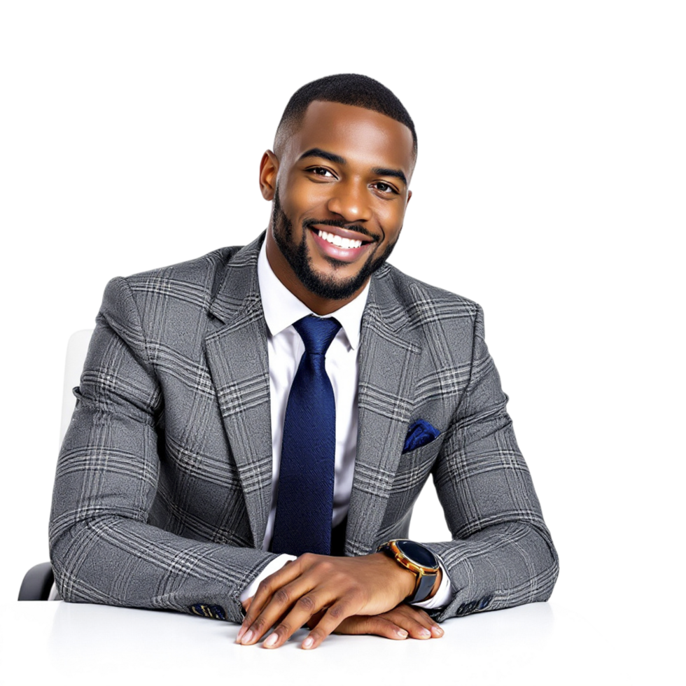 A man in a suit and tie sitting at a desk png