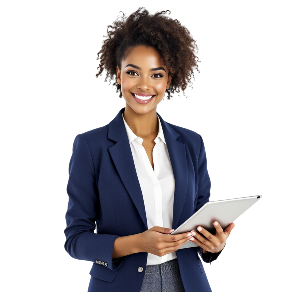 A smiling african american woman holding a tablet png