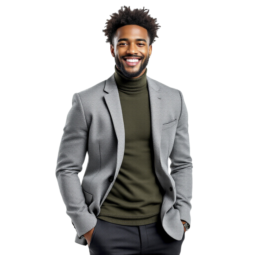 A smiling black man in a suit jacket and green turtle neck png