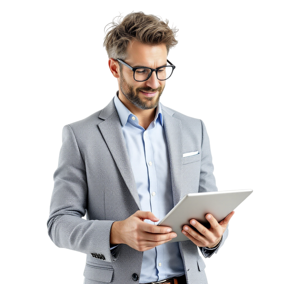 A man in a suit and glasses is holding a tablet png