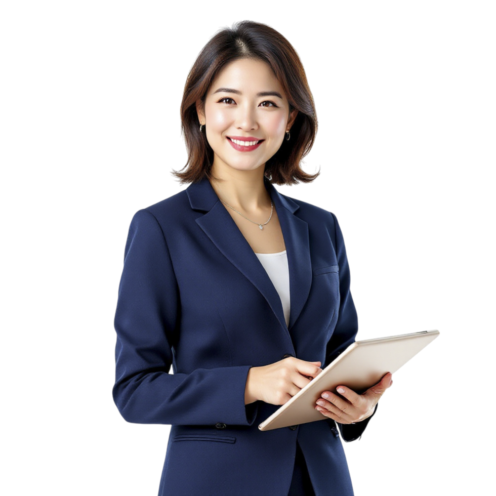 Asian business woman holding a tablet png