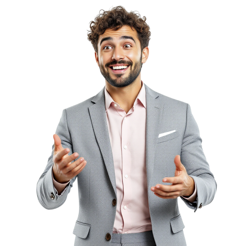 A man in a suit is gesturing with his hands png