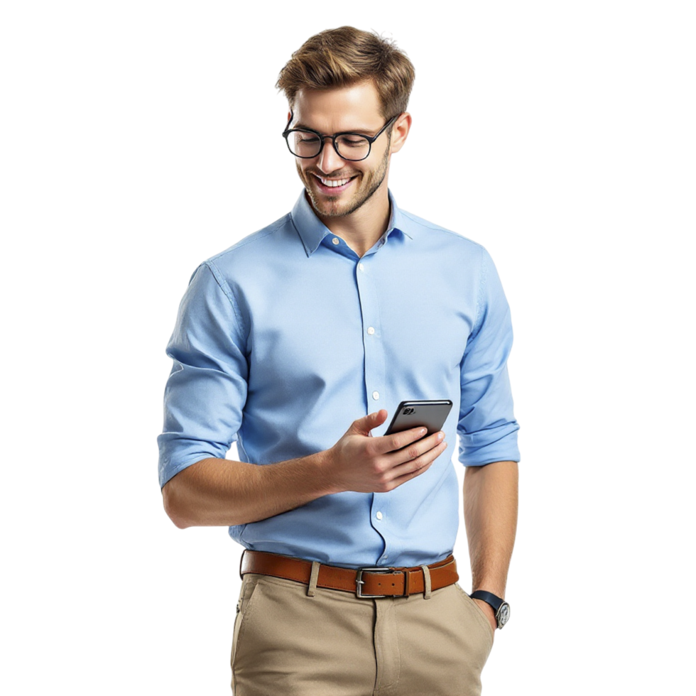 A man in a blue shirt and glasses is holding a cell phone png
