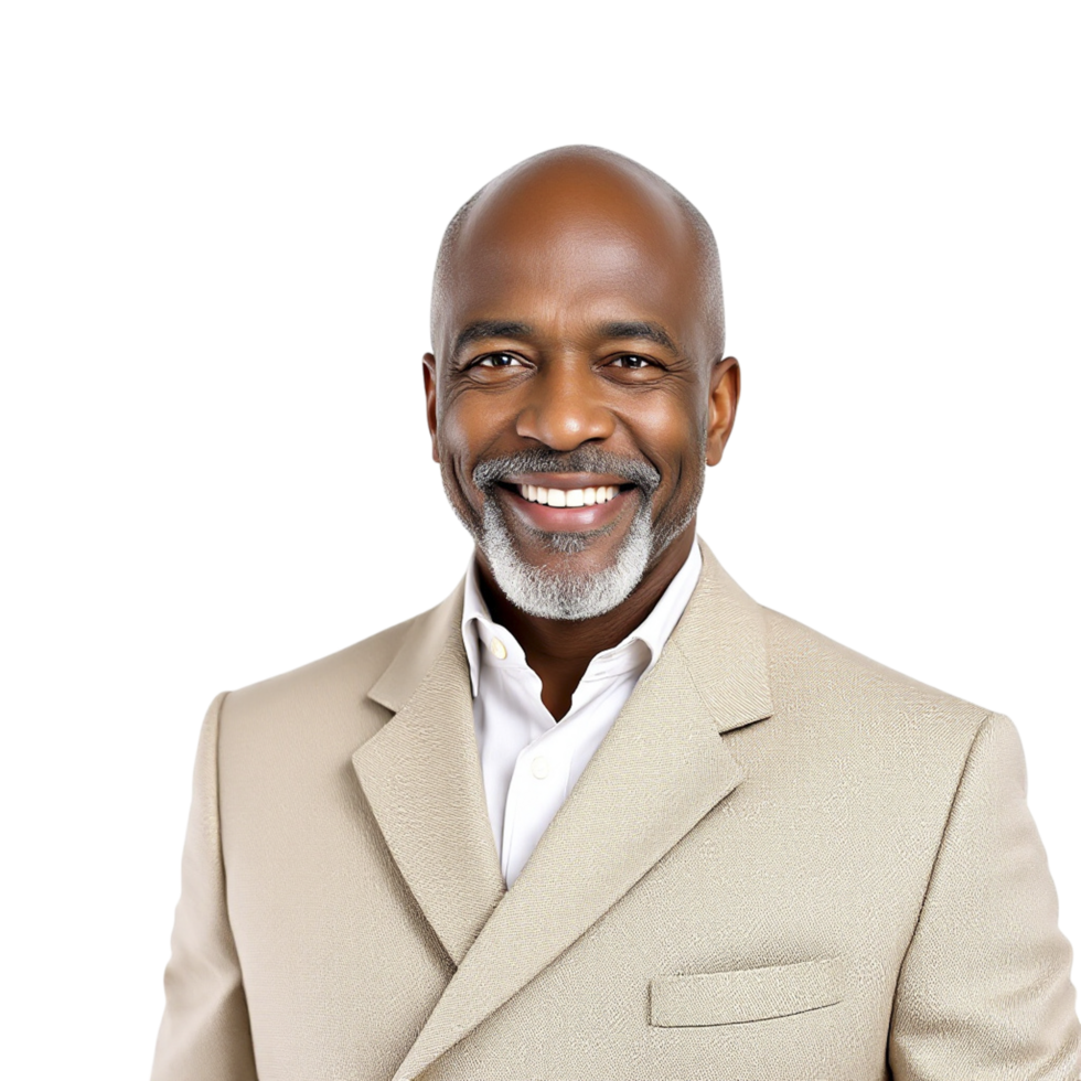 A black man in a tan suit smiling png