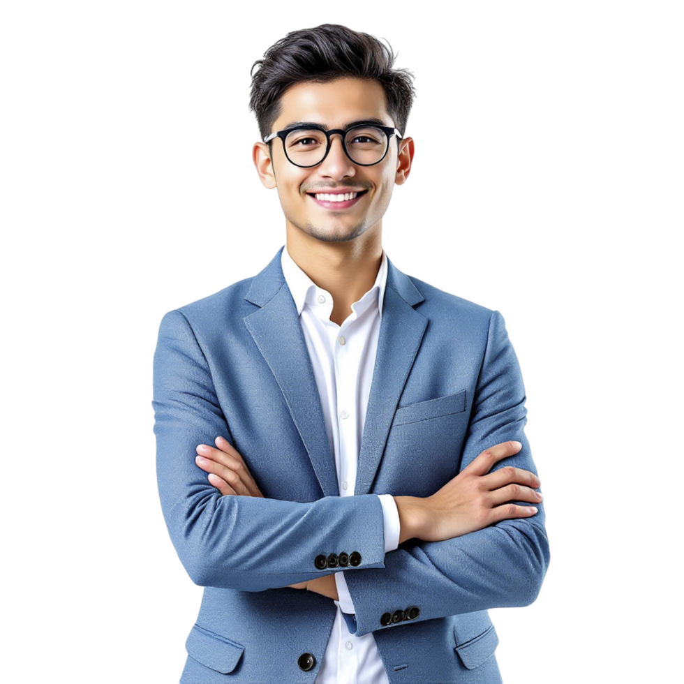 Young asian man in glasses and suit standing with arms crossed png