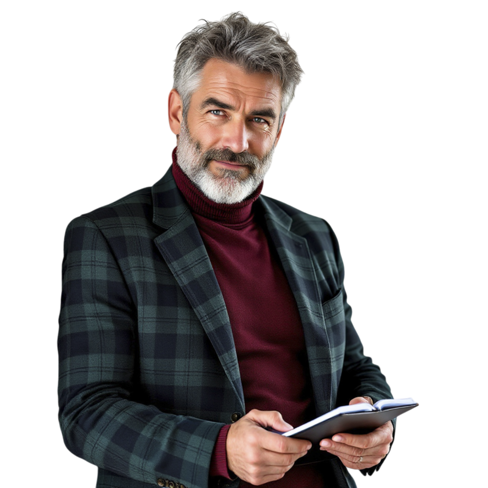 A man with a beard and a red sweater is holding a notepad png