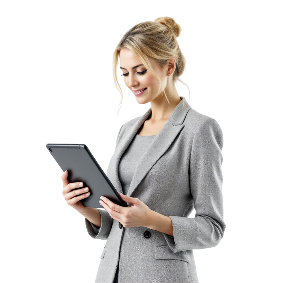 A woman in a business suit holding a tablet computer png