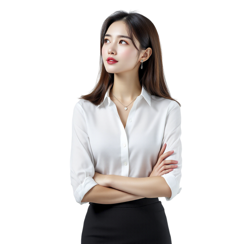 A woman in a white shirt and black skirt png