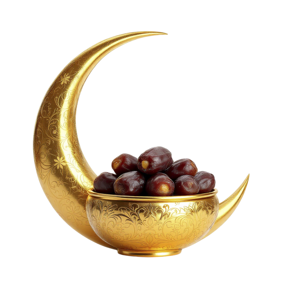 Dates in a golden bowl with a crescent on a black background png