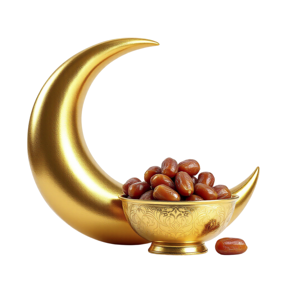Dates in a golden bowl with a crescent on a black background png