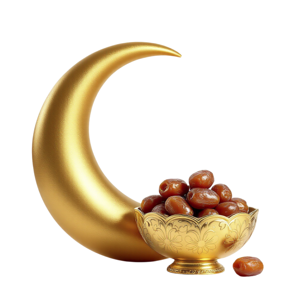Dates in a golden bowl with a crescent on a black background png