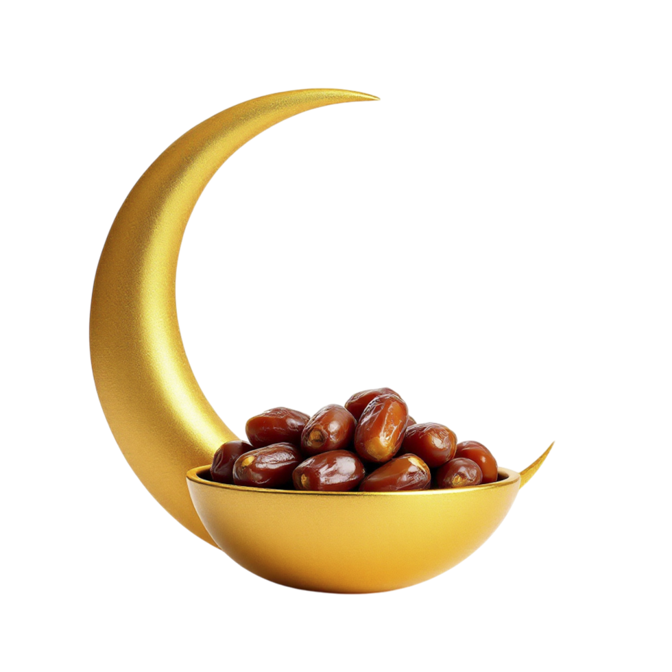 Dates in a bowl with a crescent moon on black background png
