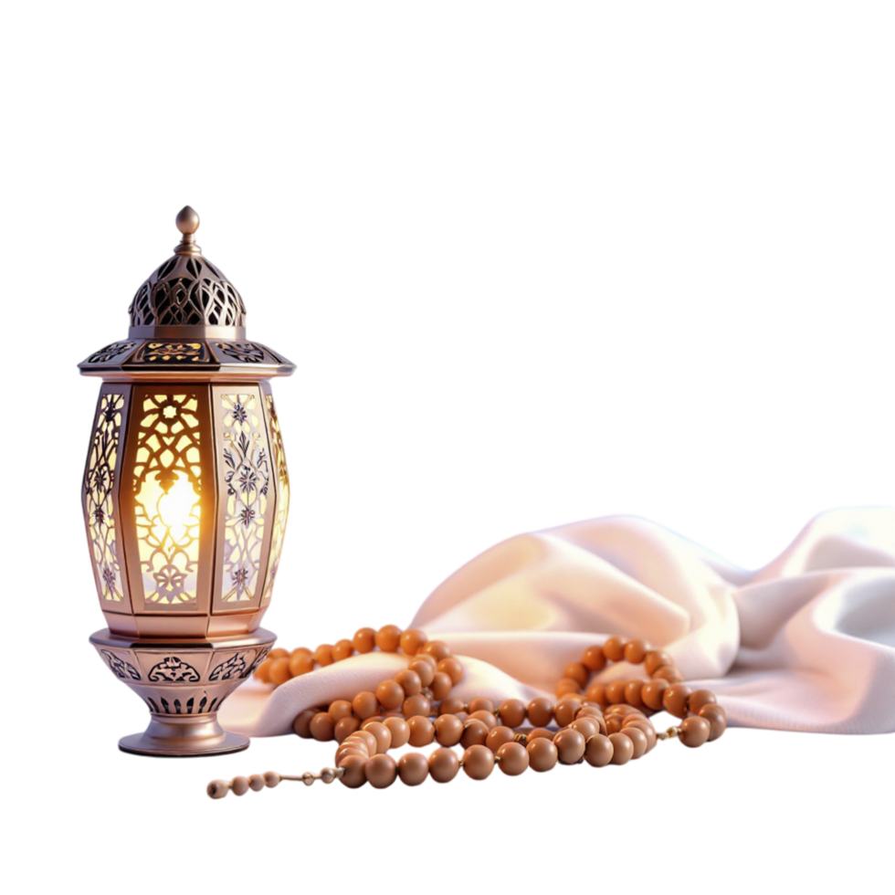 Ramadan lantern and rosary on a white cloth png
