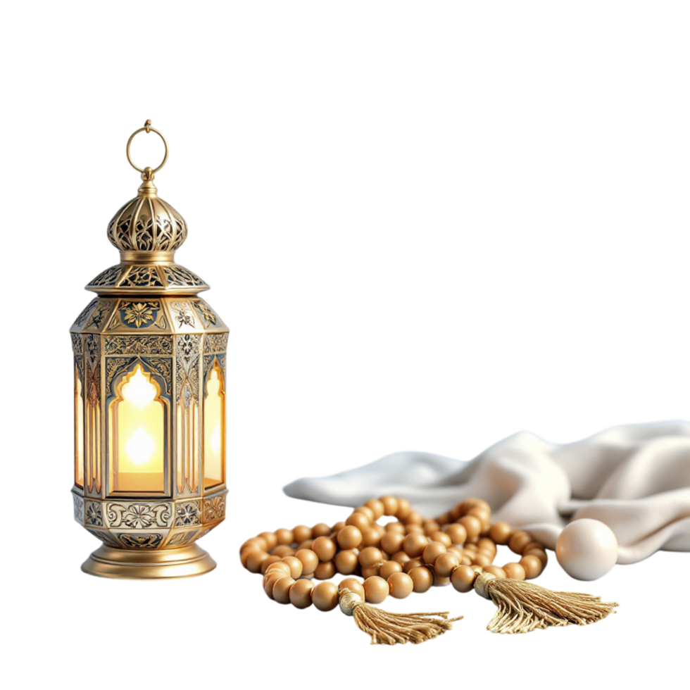 An arabic lantern and a rosary are next to a white cloth png