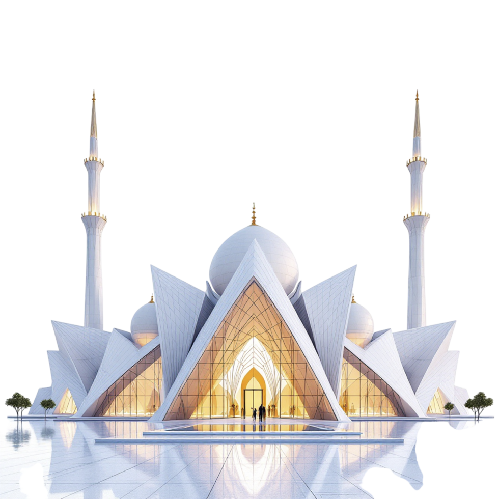 A white mosque with a large dome and two minarets png