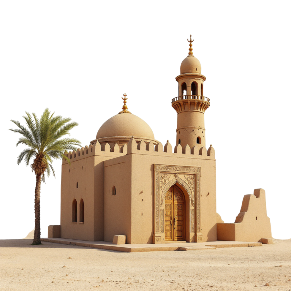 An old mosque in the desert with palm trees png