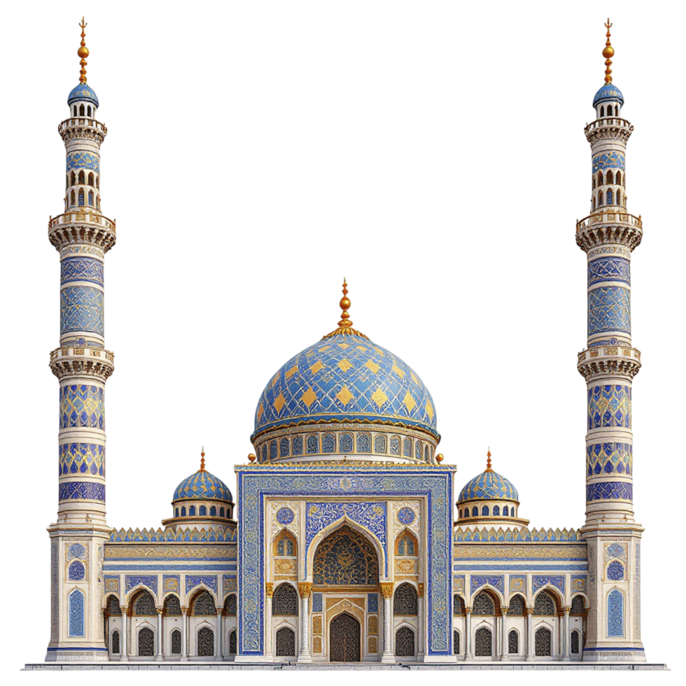A blue and white mosque with two minarets png