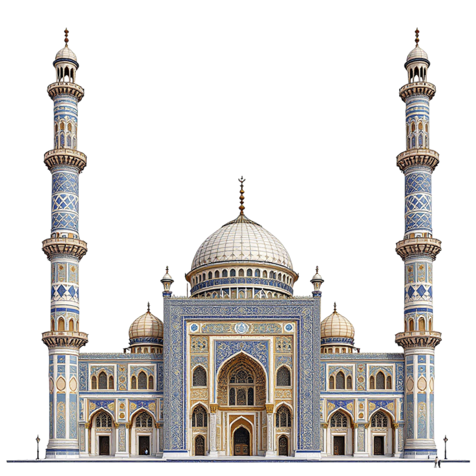 A large blue and white mosque with two towers png