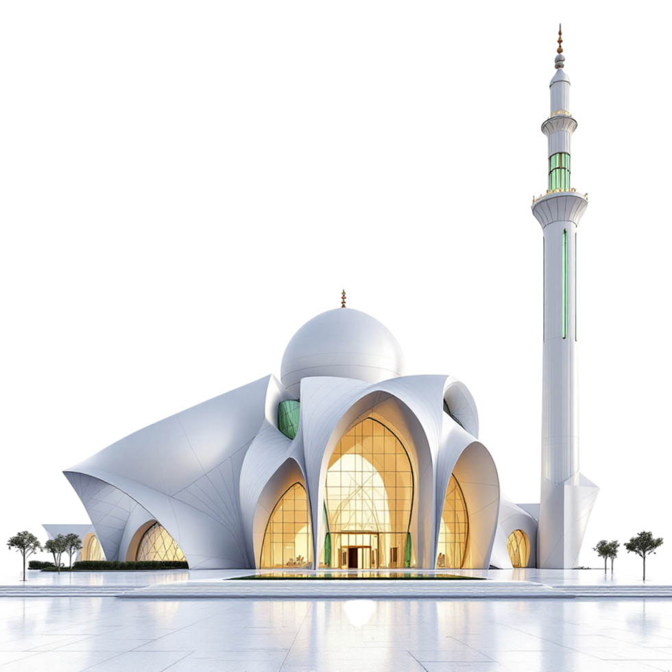 A white mosque with a large dome and a green dome png
