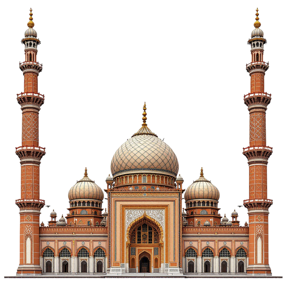 A large mosque with two towers and a clock tower png