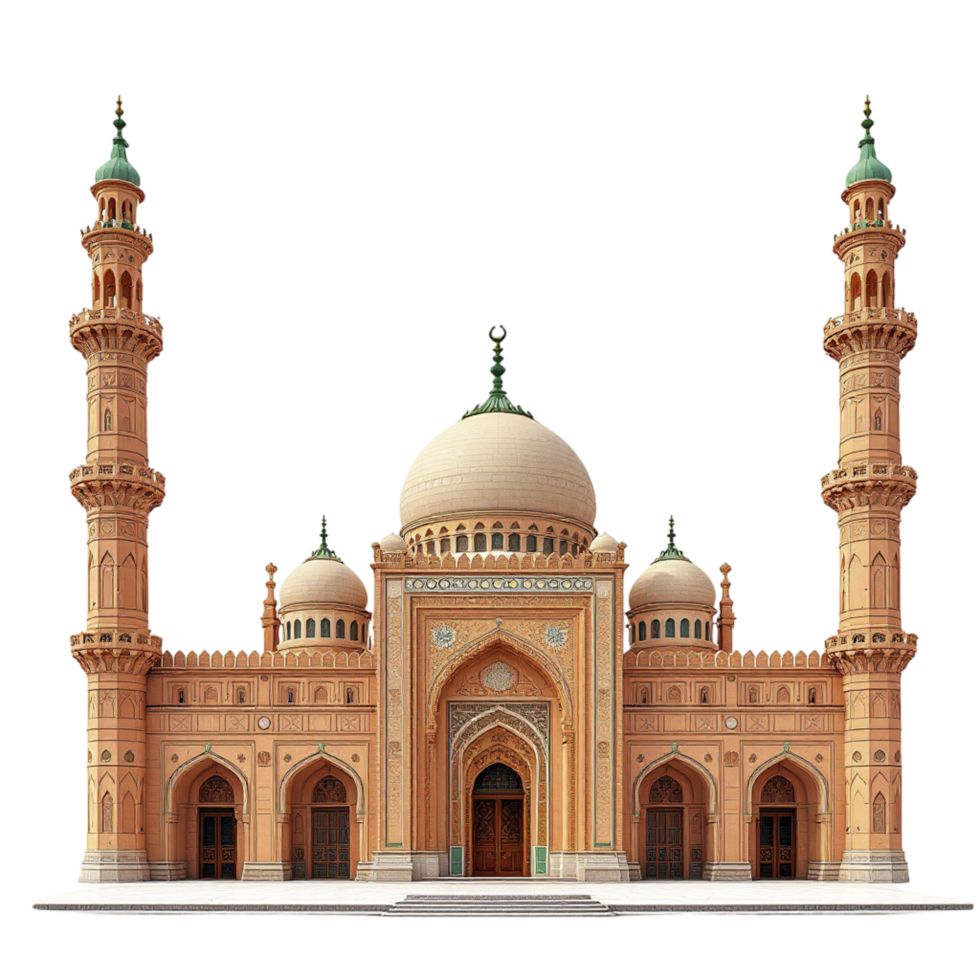 A large mosque with two towers and a clock tower png