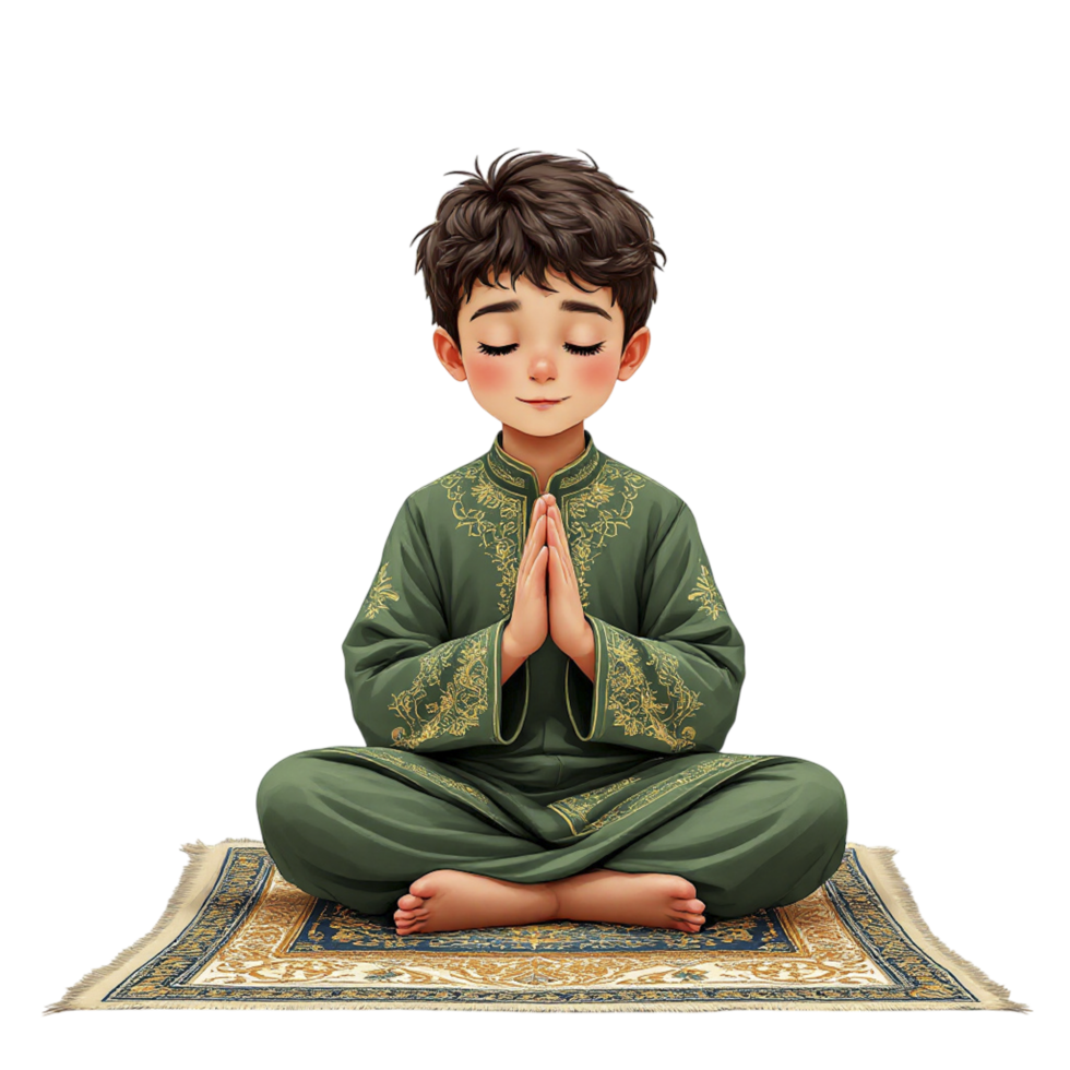 A boy in a green outfit is sitting on a rug png