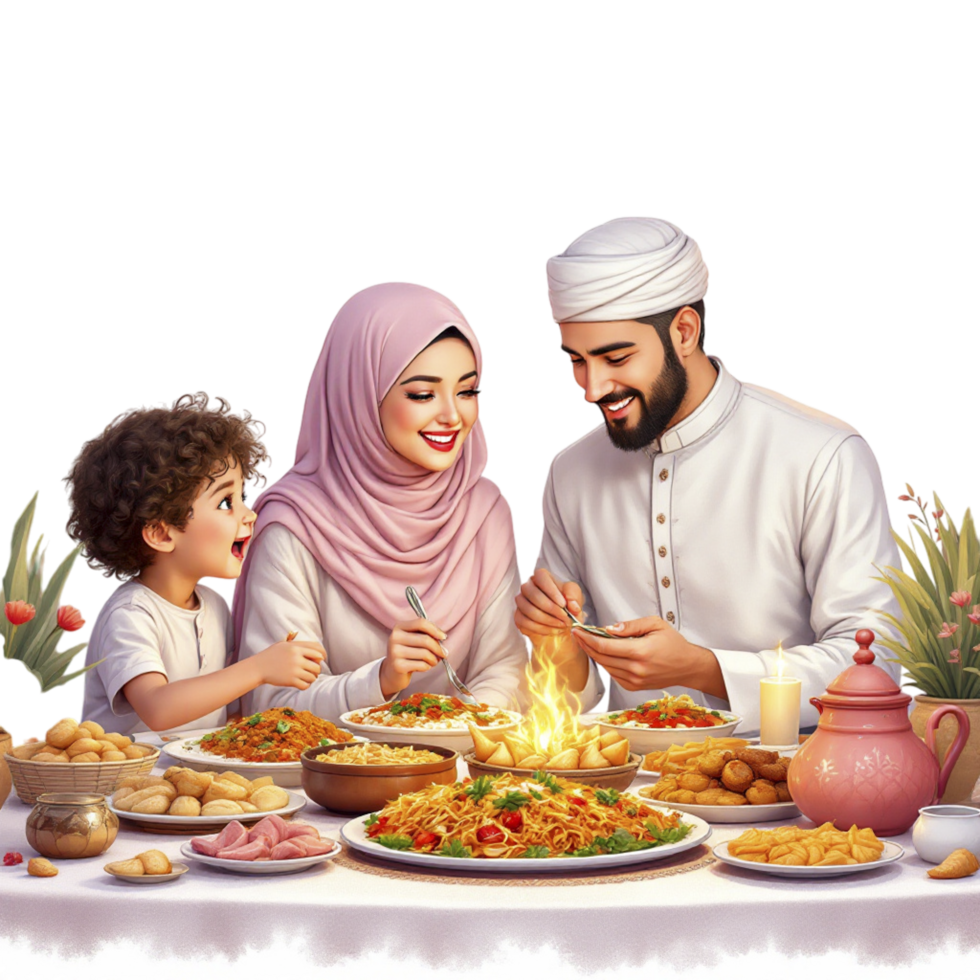Muslim family eating dinner together png