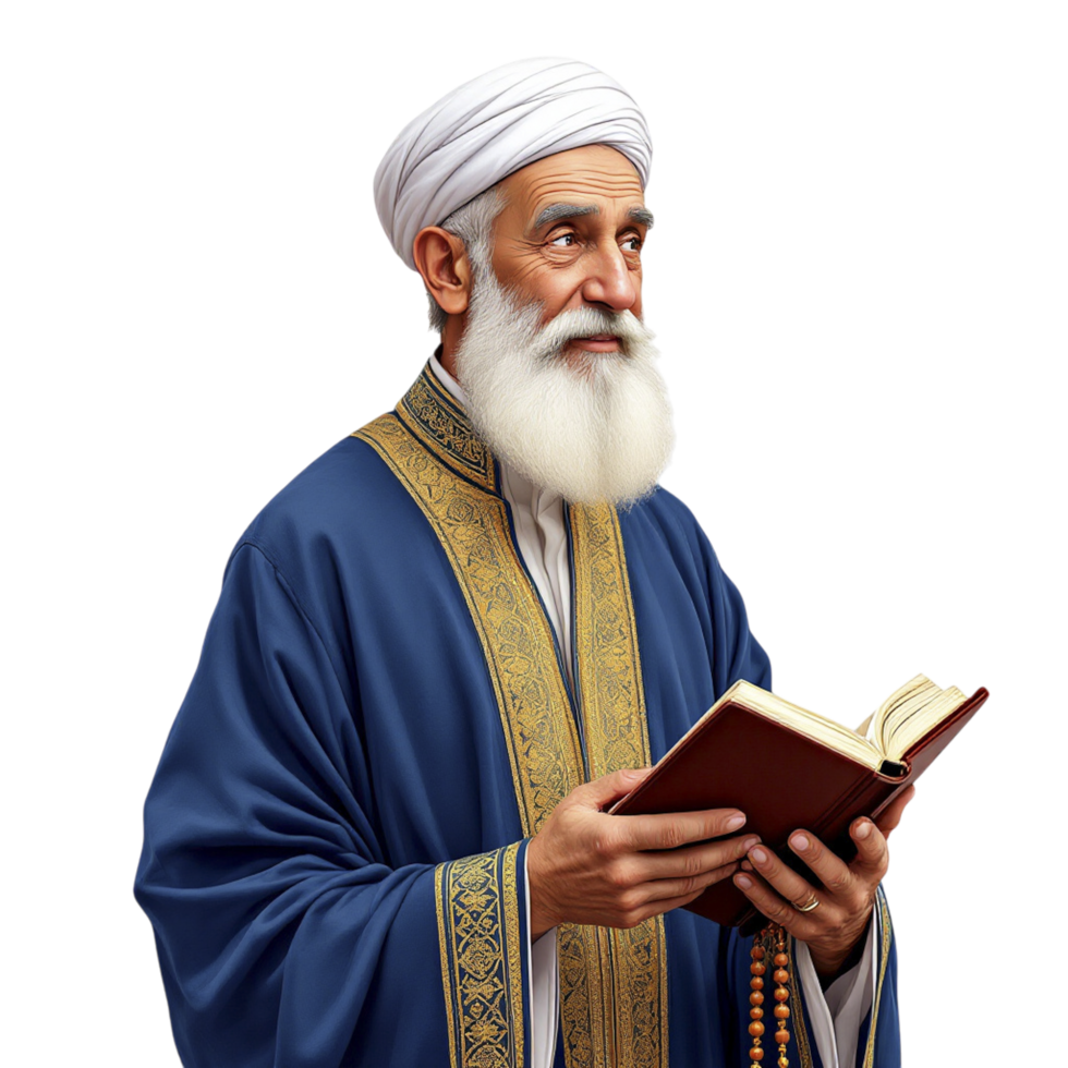 An old muslim man with a white beard and a book png