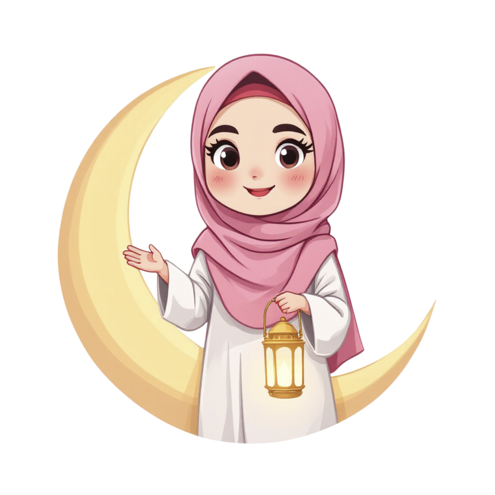 Cartoon muslim girl holding a lantern and standing on the moon png