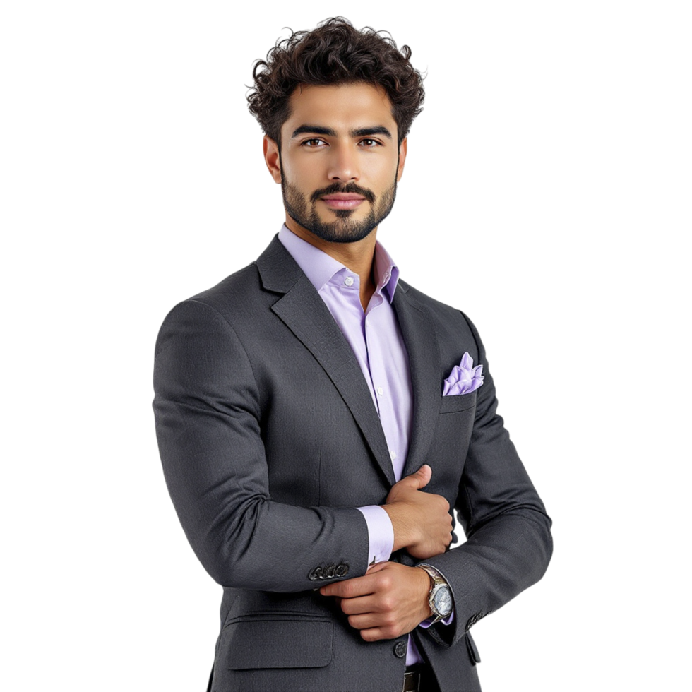 A man in a suit and purple shirt png